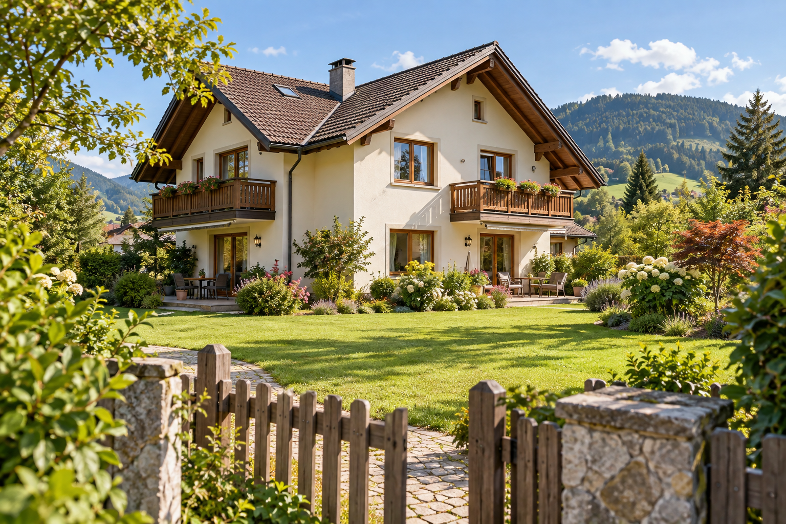 Wohnhaus mit Garten und Holzbalkonen