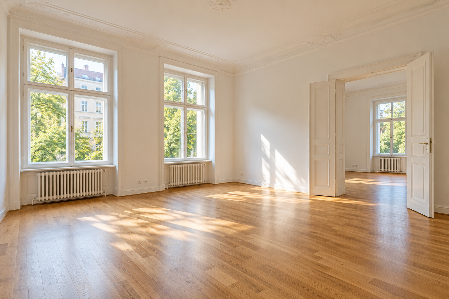 Heller leerer Wohnraum mit Parkett und großen Fenstern